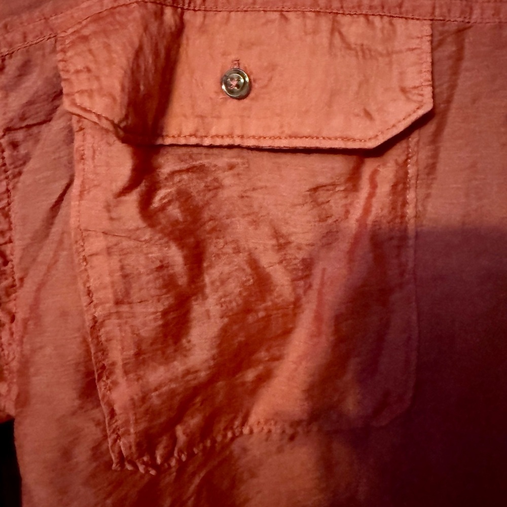 Anthropologie Sz L Coral Pink Relaxed Glossy Classic Oversized Button Blouse - Picture 6 of 8